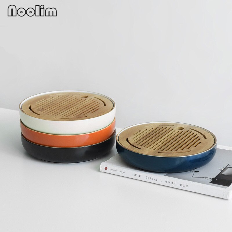 Ceramic Round Tea Tray Chinese Handmade Storage Holder Japanese Style Wooden Crafts Teahouse Table Teapot Tray Ornaments