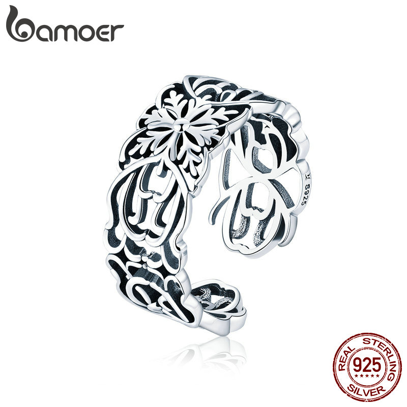 Anillos de dedo de bambú auténticos de Plata de Ley 925 con flores apilables y tamaños abiertos para mujer, joyería de plata a la SCR500