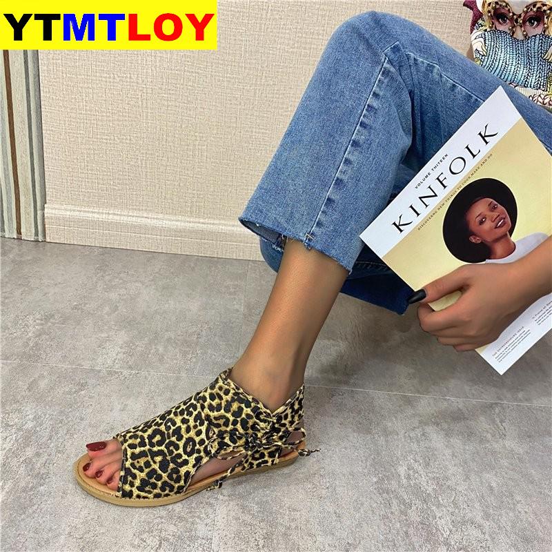 Sandalias Retro de verano para niña, Sandalias planas con punta abierta de leopardo, sandalias de mujer con cremallera para coser, zapatos de playa informales de para uso diario, tallas 37-41 para mujer