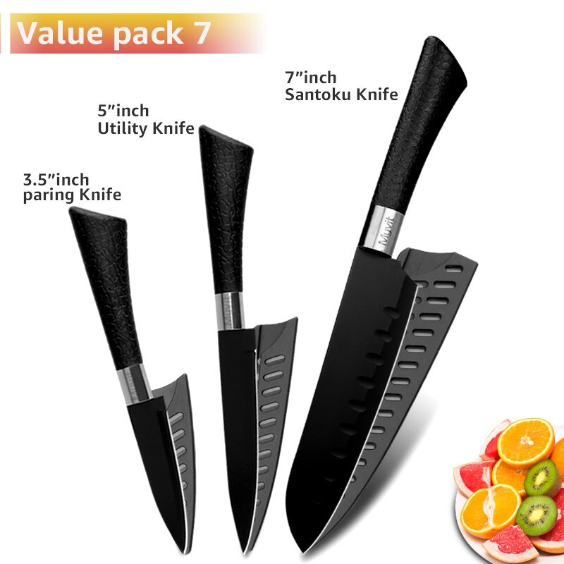 Chef Knives Set Stainless Steel Paring Utility Santoku Chef Slicing Bread Knives Black Blade Kitchen Accessories Set Tools: set 8