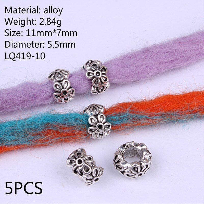 5Pcs Retro Zilver Metaal Haar Vlecht Dread Dreadlock Baard Kralen Ringen Buis Appro 6Mm Binnenste Gat Sieraden Maat 11*9Mm 14 Stijl