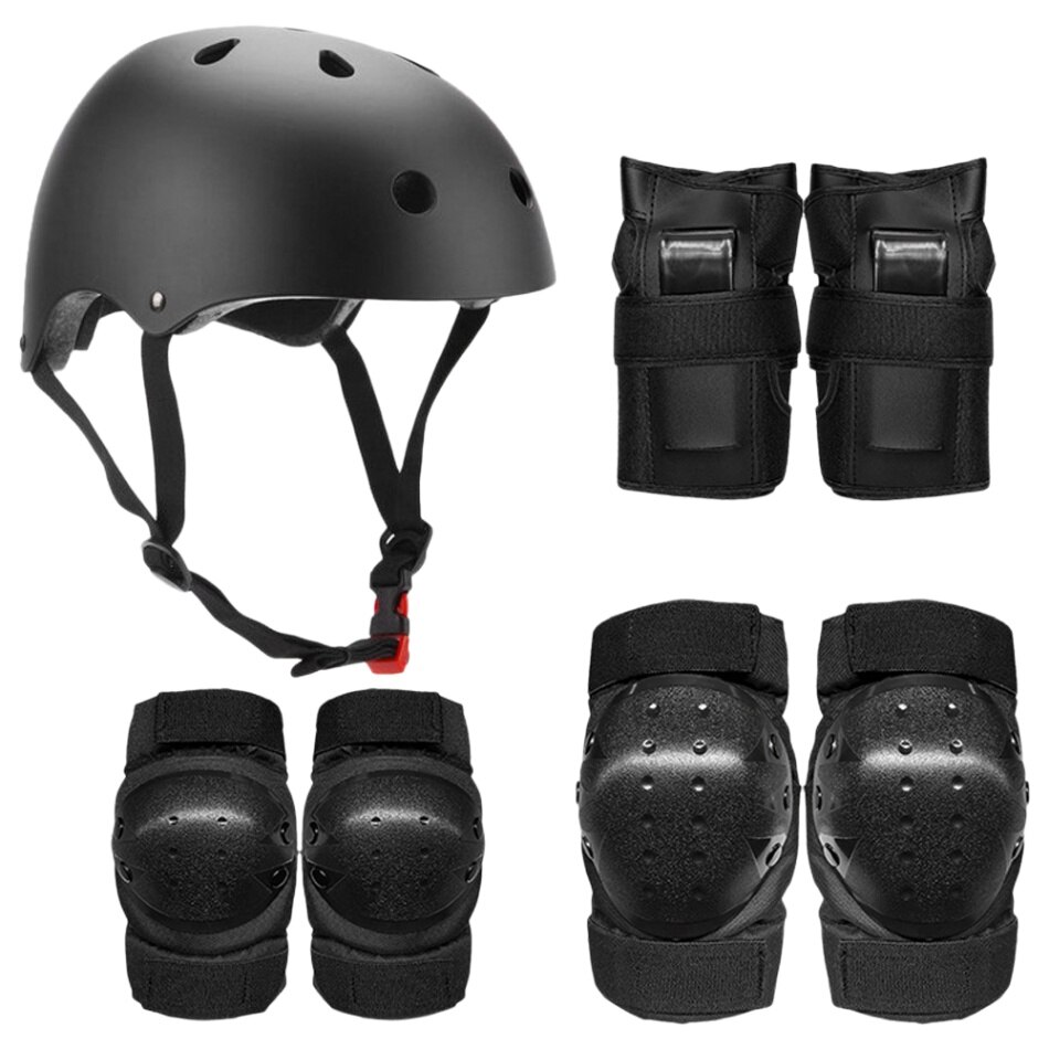 Beschermende Gear Set 7 In 1 Knie Elleboog Pads Pols Guards Helm Multi Sport Veiligheid Bescherming Voor Kinderen Tieners Scooter schaatsen: Black / L