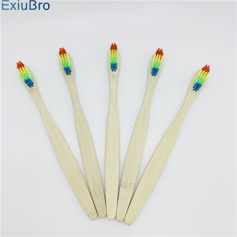 ExiuBro Rainbow Bristle Vegan Free Bamboo Toothbrush Flat Handle Biodegradable Bamboo Tooth brush Eco friendly Bamboo Handle