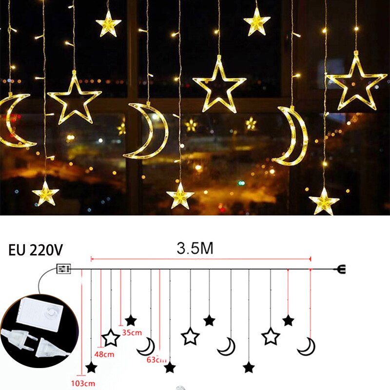 Mond Sterne LED Lichterkette Schnur Weihnachten Neue Jahr Girlande Vorhang Lampe Ramadan Dekoration Für Heimat Schlafzimmer Fenster Eid Mubarak: EU 220v warm