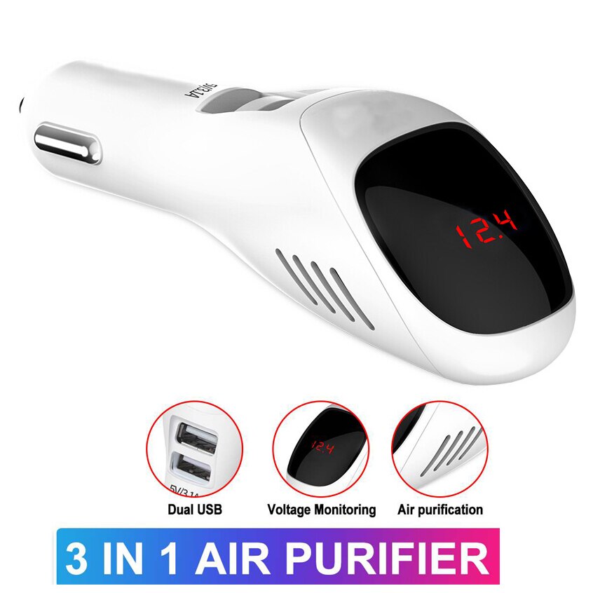 Auto luchtreiniger 12v 24v negatieve ionen luchtreiniger ionisator luchtverfrisser auto digitaal display dubbele usb autolader: Wit