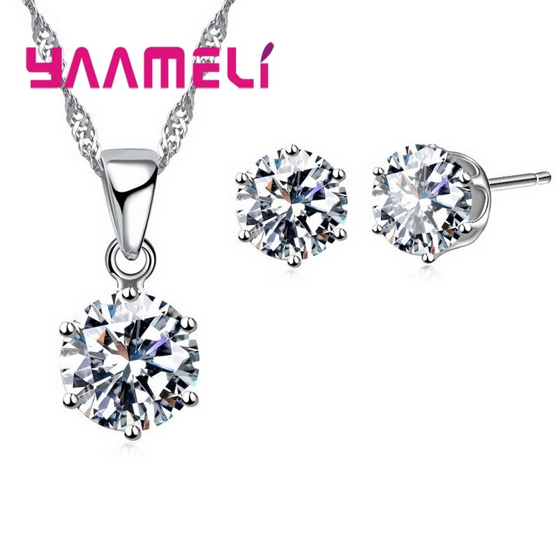 925 Sterling Zilveren Bruids Bruiloft Sieraden Sets Voor Vrouwen Engagement Crystal Hanger Ketting Oorbellen Set