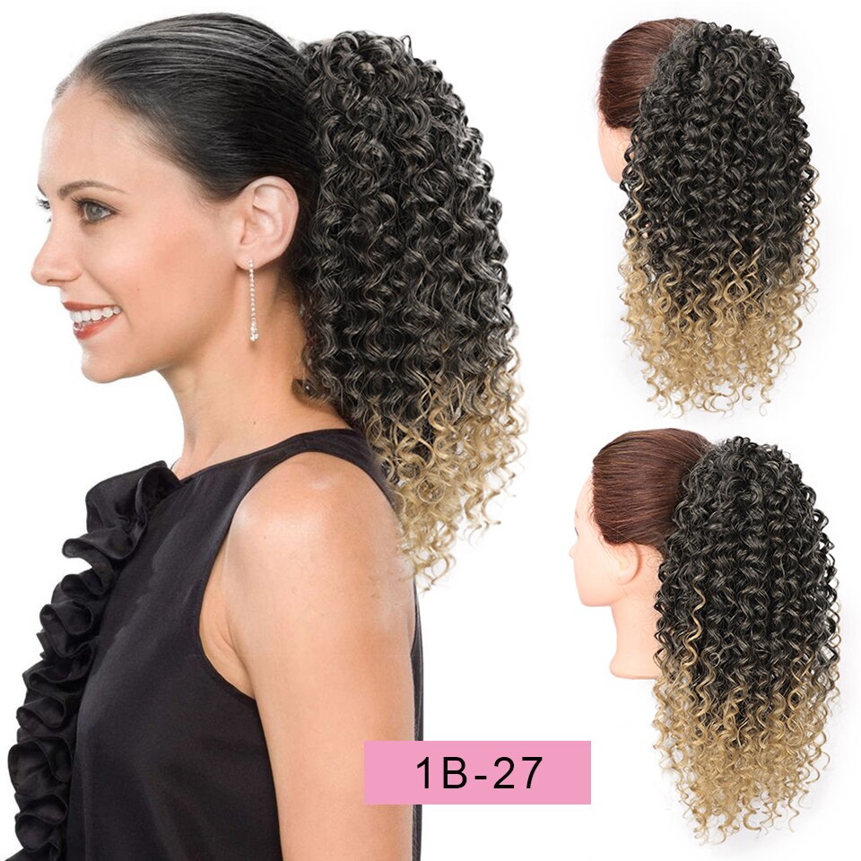Coleta larga y rizada Afro vigorosa para extensiones de cabello, coleta sintética afroamericana con cordón, Clip: 1B-27