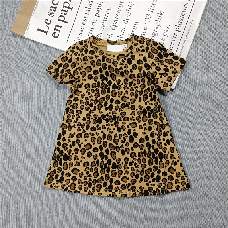 Forår og sommer drenge og piger leopardprint t-shirt kjole leggings hættetrøjejakke: Brun / 116-122