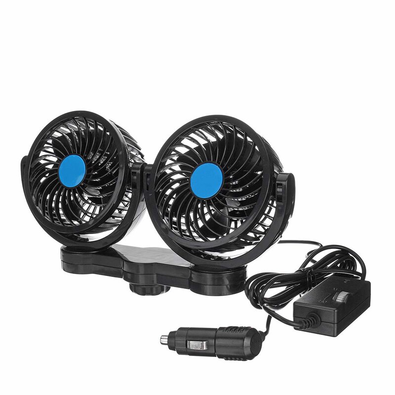 Ventola Auto A Doppia Testa 12V/24V – Oscillazione 270°, 3 Velocità, 2 Porte USB, Per Camion, SUV E Camper