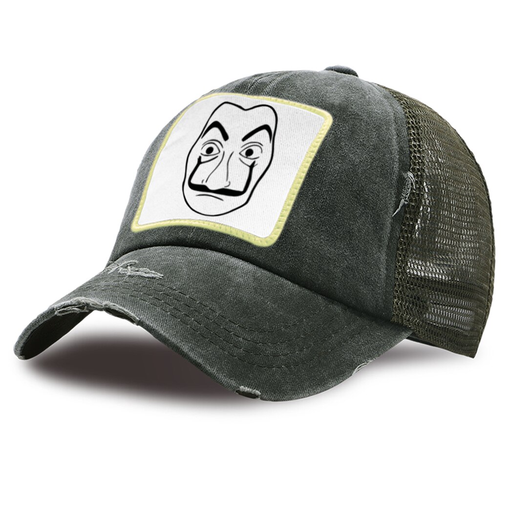 La casa de papel harajuku mesh trucker hat sommer unisex ridehue åndbar afslappet baseball caps udendørs street snapback hat: Mørkegrøn 1