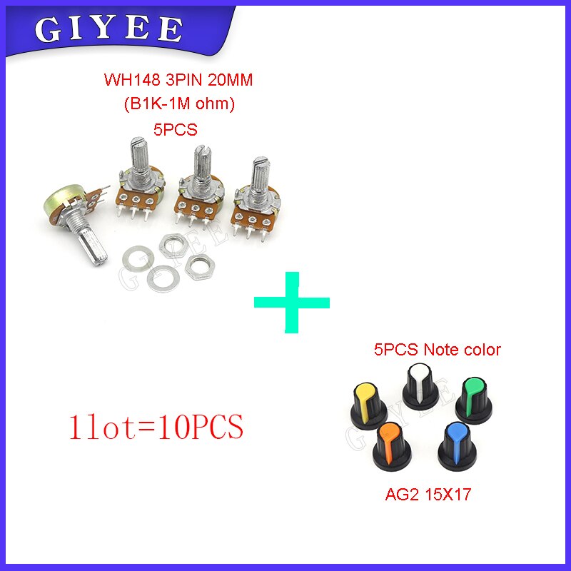 10 st 20mm axel  wh148 potentiometersats enkelled  b1k 2k 5k 10k 20k 50k 100k 250k 500k 1m ohm 3 stift med  ag2 kåpa