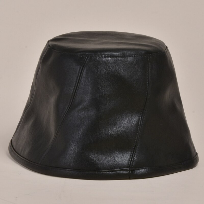 Pu læder spand hat efterår koreansk harajuku afslappet fisker cap kvinder solid håndvask hat panama femme retro kunst hat: Sort