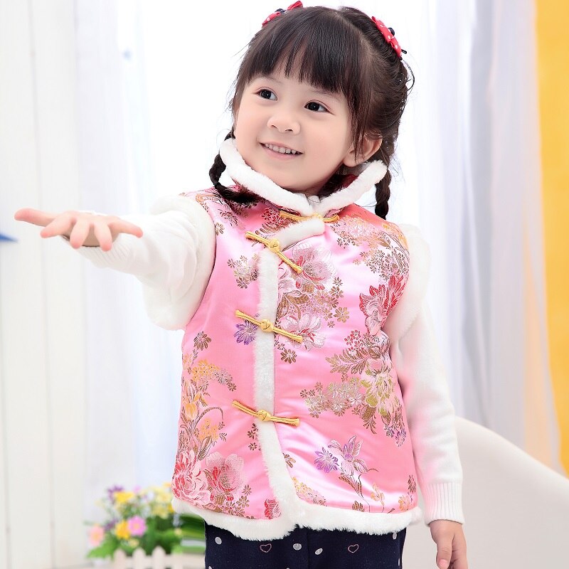 Roze Bloem Kinderen Vest Fleece Baby Meisje Vest Qipao Kleding Lente Festival Kid Jas Cheongsam Outfits Bovenkleding Tank Top