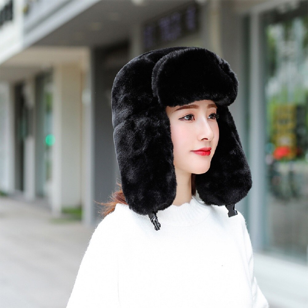 Women Faux Fur Trapper Hat Russian Ushanka Cossack Ski Earflaps Aviator Cap Winter Warm Velvet Bomber Hat: Black