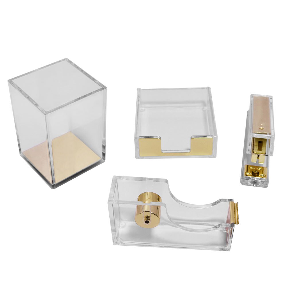 Clear Acrylic Gold Tape Dispenser Stapler with Staples Pen Holder Office Supplies Desktop Accessories Organizer Stationery Set