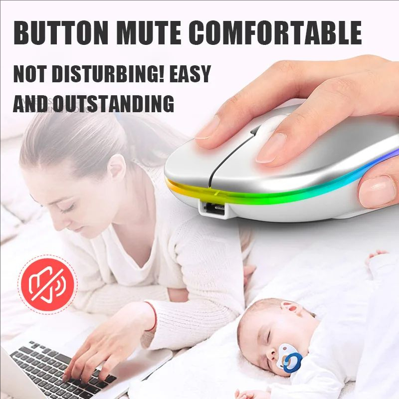 Bezprzewodowa mysz Bluetooth 5.0 2,4 GHz, z lampką USB z możliwością ładowania RGB, odpowiednia do laptopów, komputerów PC, Macbooków, myszy do gier 1600 dpi
