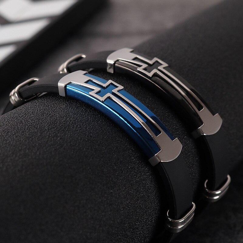 Classical Men Bracelets Christian Black Silicone Bracelet 3 Colors Stainless Steel Cross Clasp Wristband Male Jewelry Accesories