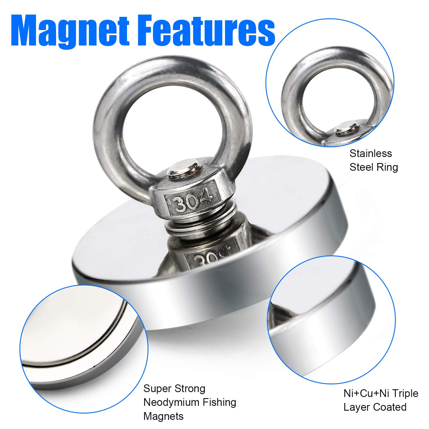 Super Sterke Neodymium Magneten N52 Iman Ima Magnetische Vissen Magnetjes Met Verzonken Gat Oogbout Voor Berging Magnetische Visserij
