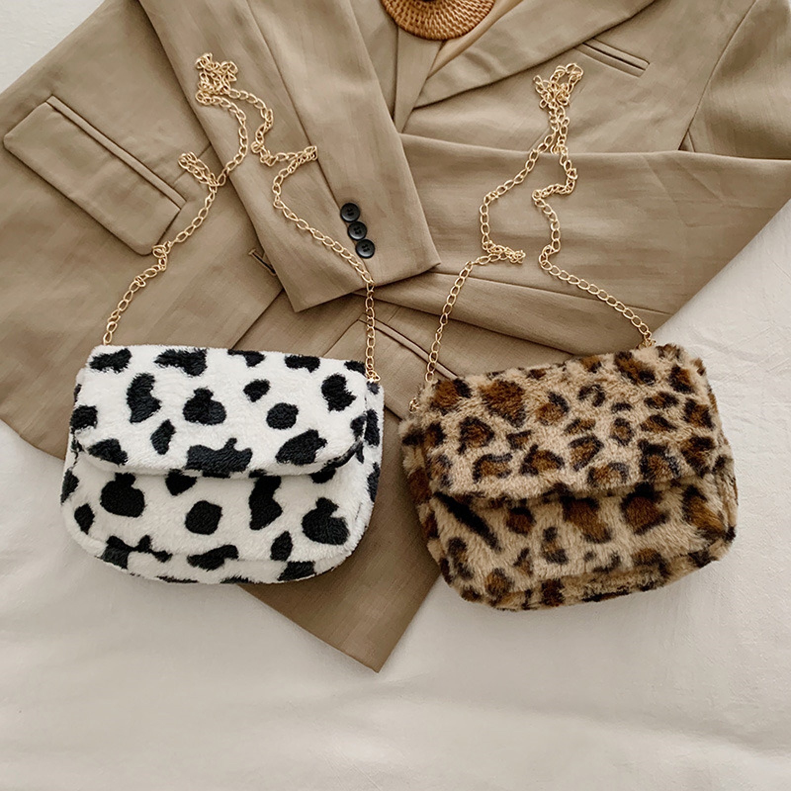 Novo design de pelúcia bolsa feminina 2020 novo inverno mão mais quente saco aleta moda leopardo impressão crossbody bolsa de ombro