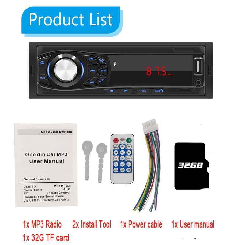Auto Car Radio Bluetooth Handsfree Wireless MP3 Multimedia Player AUX USB FM 12V Classic Stereo Audio Player Car Electric: With 32G TF card