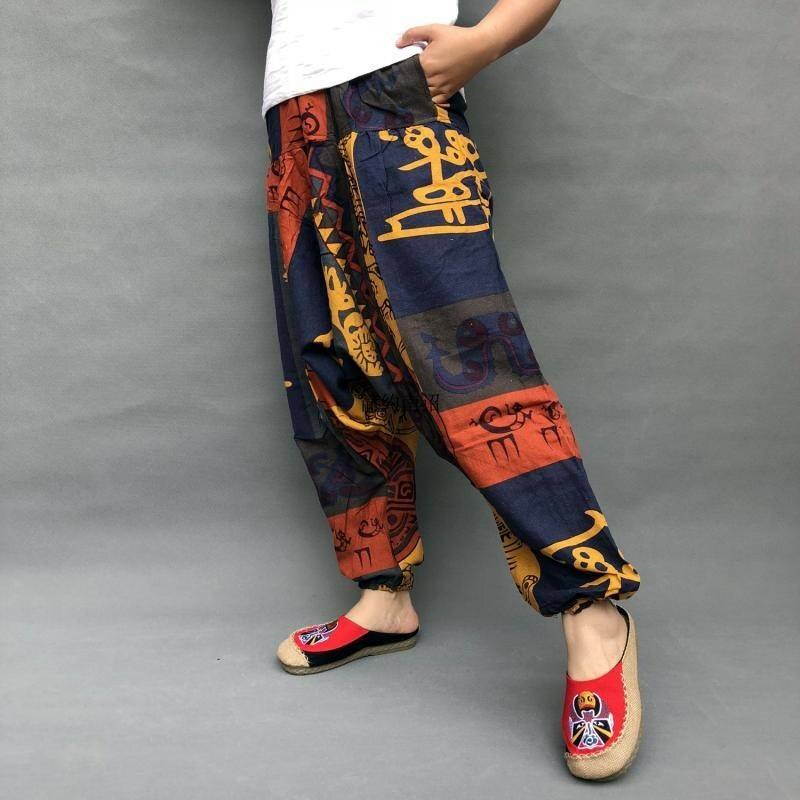 Zomer herenbroek bloomer etnische stijl thaise katoen en linnen dansbroek losse dongba broek nepalese broek met groot kruis
