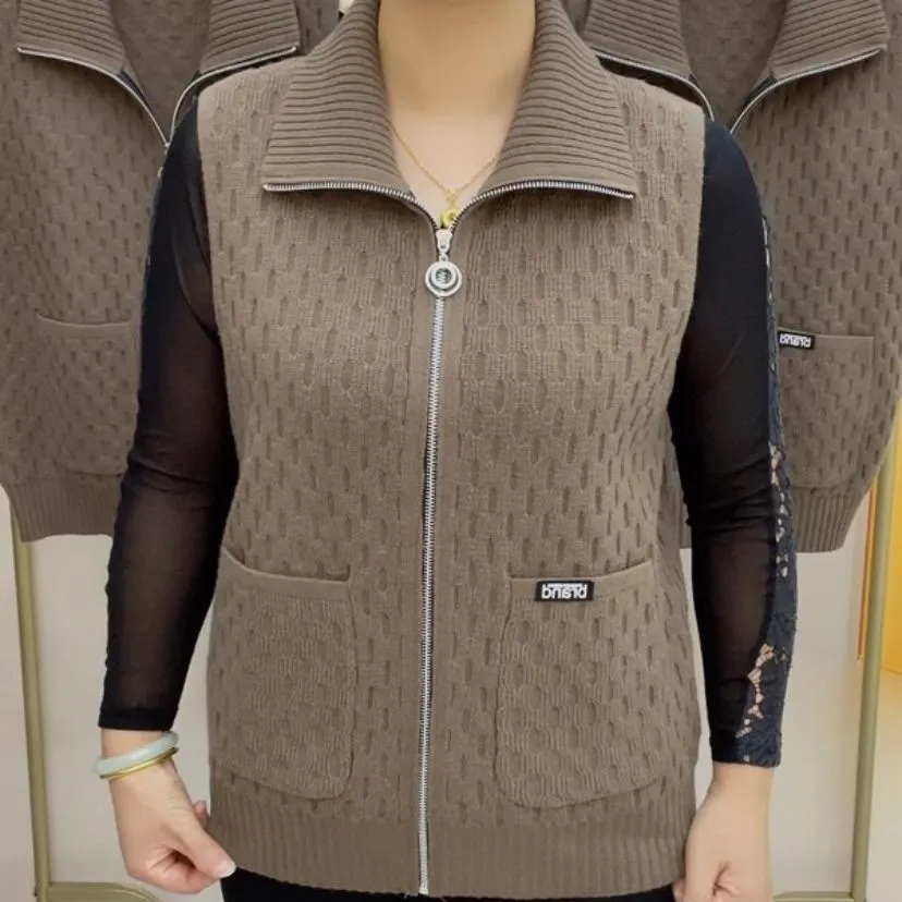 Morvest forår efterår revers strikket cardigan sweater frakke ensfarvet lynlås ærmeløs jakke damevest 5x