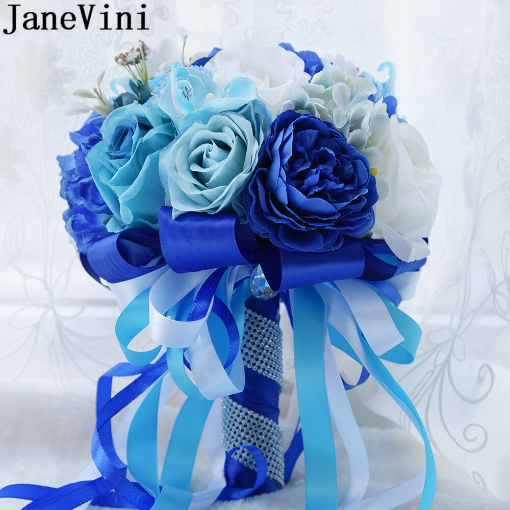 JaneVini Bouquet de fleurs bleues Bouquets de mariage mariée demoiselle d'honneur soie artificielle fleurs de mariée pivoine artificielle mariage