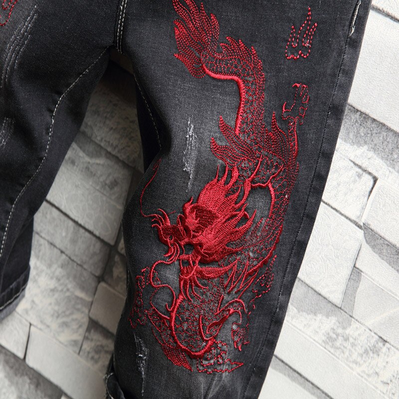 Pantalones vaqueros negros con bordado para hombre, Vaqueros elásticos hasta la rodilla con agujero rasgado, corte holgado, informales, rectos, de verano