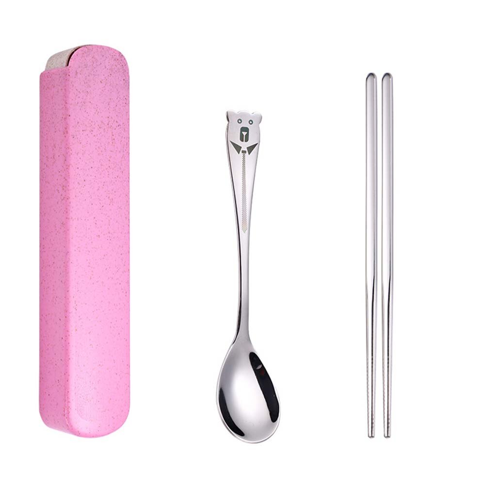1 Set Cartoon Stainless Steel Portable Cutlery Set Children's Student Fork Spoon Chopsticks 3 Piece Set 2 Piece Set: Pink 2