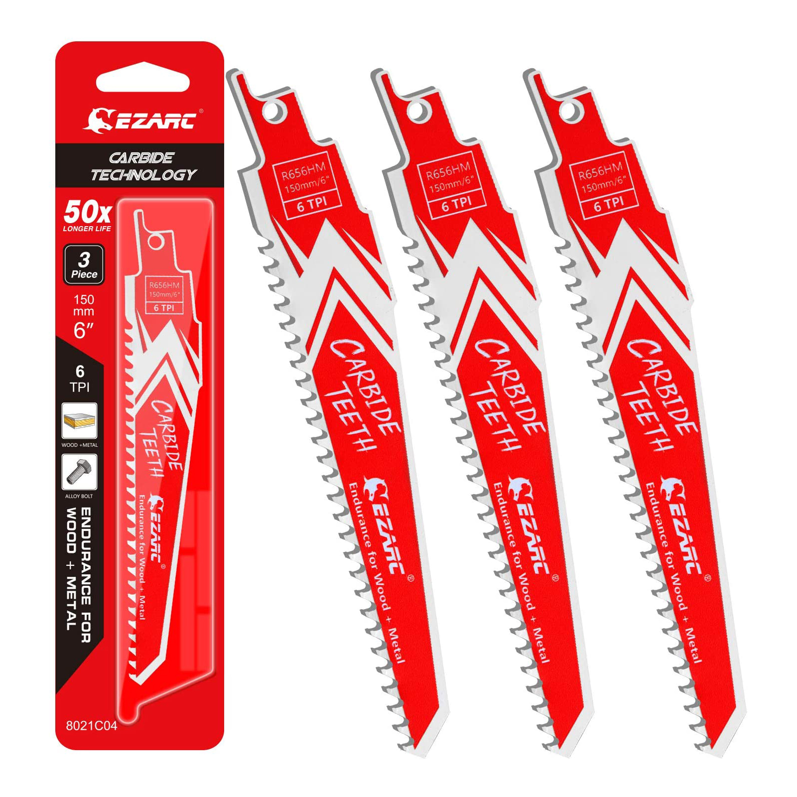 EZARC 3Pc Hartmetall Kolben Sägeblatt Ausdauer für Harte Holz und Metall Abriss R656HM 150mm/6 “6TPI, r956HM 225mm/9” 6TPI