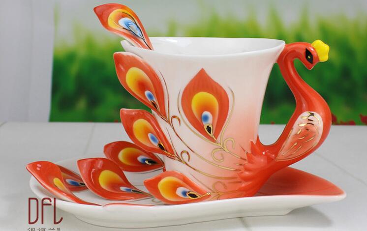 Big Peacock Coffee Cup Ceramic Mugs: Yellow