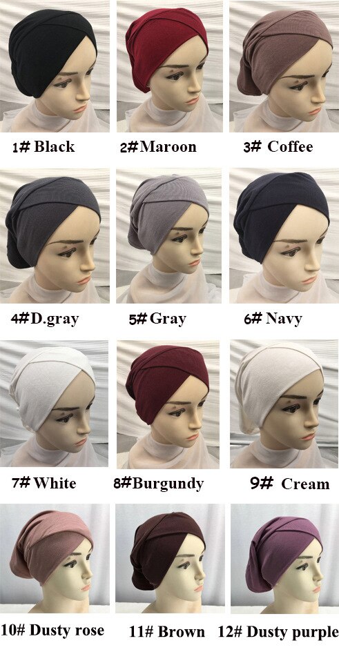 Novo algodão elástico cruz turbante chapéu cor sólida feminino quente inverno headscarf bonnet hijabs boné muçulmano hijab femme envoltório: 5