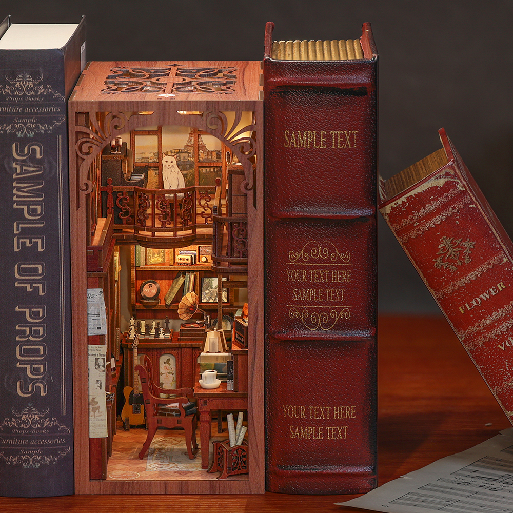 CUTEBEE Puzzle 3D DIY Book Nook Kit Wooden Bookend with Touch Light Secret Rhythm Music Booknook Building Decoration Model