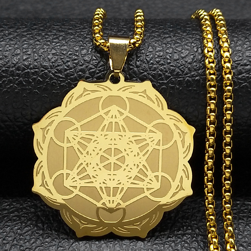 Sacred Geometry Metatron Cube Angel Seal Archangel Necklace for Women Men Stainless Steel Flower of Life Lotus Chain Jewelry: Blue Zinc