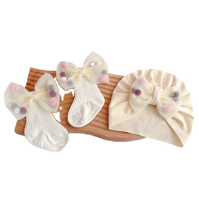 2 Stuks Baby Meisje Hoed Sokken Set Zomer Katoenen Sokken Voor Pasgeborenen Leuke Kant Boog Foetale Cap Baby Meisjes Douche Milamiya
