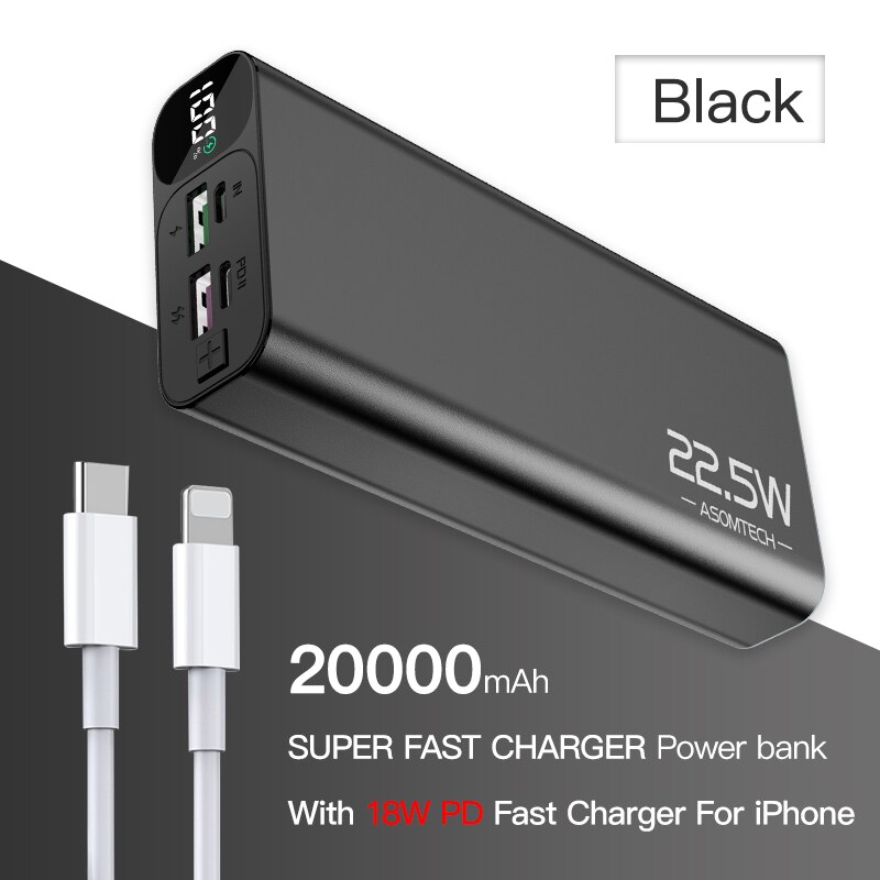 TOPZERO 20000mAh Power Bank PD QC 3.0 VOOC 22.5W Super Fast Charger Digital Display Portable Charger Powerbank For Mobile Phones: Black with 18 PD QC