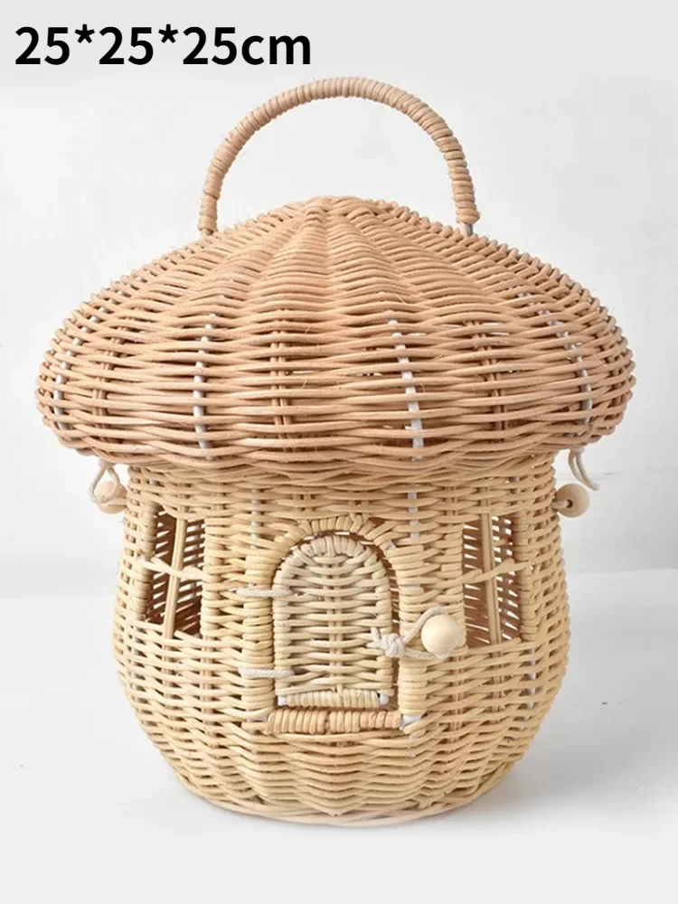 Cute Rattan Basket Hand Woven Mushroom Baskets Bag Beach Straw Storage Bags for Kids Organizer Box Summer Vacation Picnic Basket: green