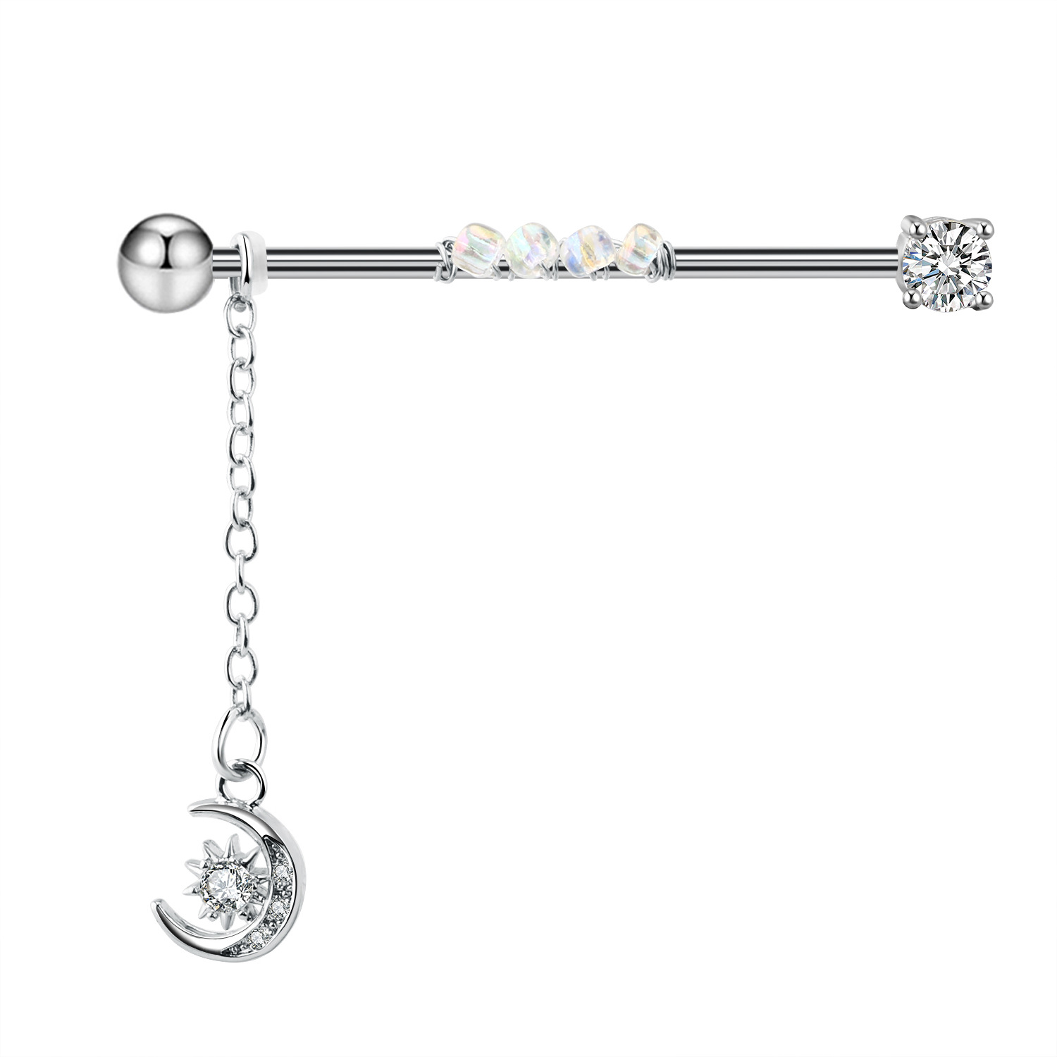 Pendientes largos con barra para Piercing Industrial de acero quirúrgico, barra de andamio de cadena, pendiente de cartílago de la oreja, joyería corporal de tendencia, 1 ud.: Bañado en rodio de imitación