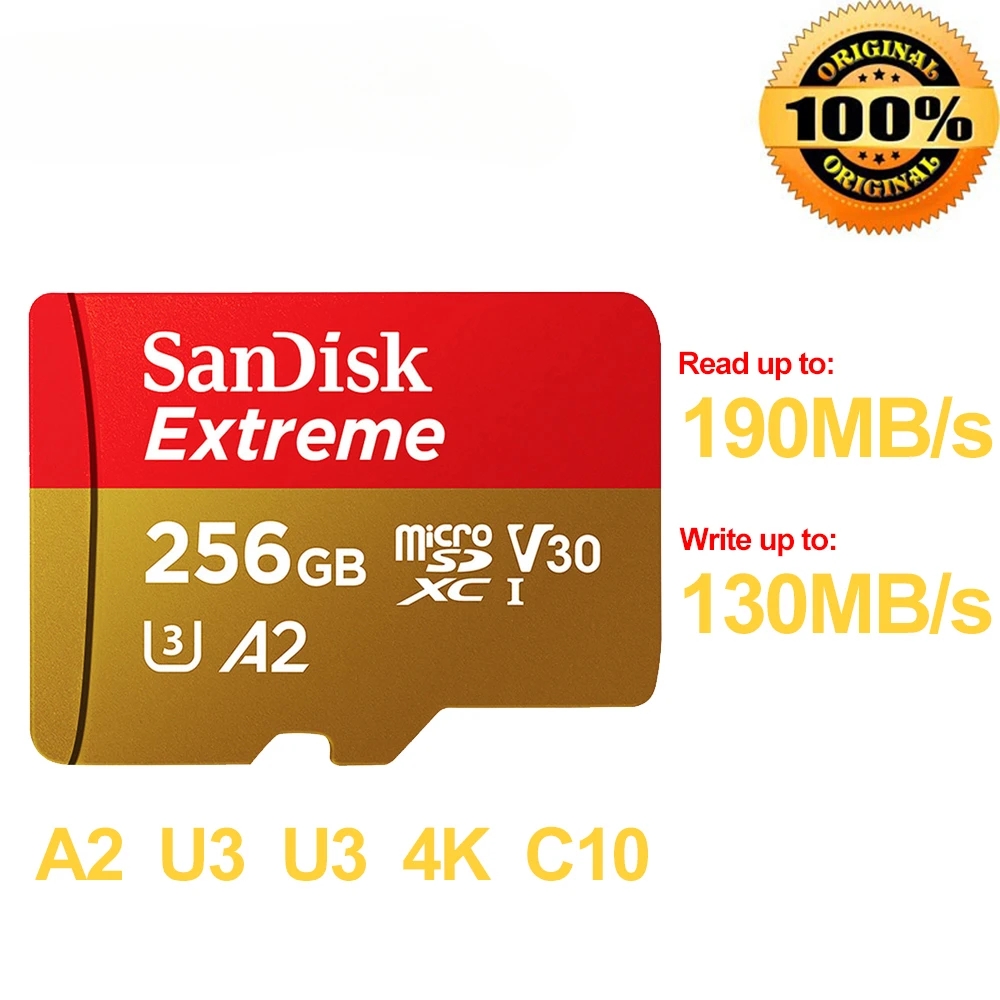 100% SanDisk Extreme MicroSD Card U3 A2 Memory Card V30 256GB 128GB 64GB 32GB Original TF Card A1 for Camera 512gB 1TB SDXC tf: 2 GB