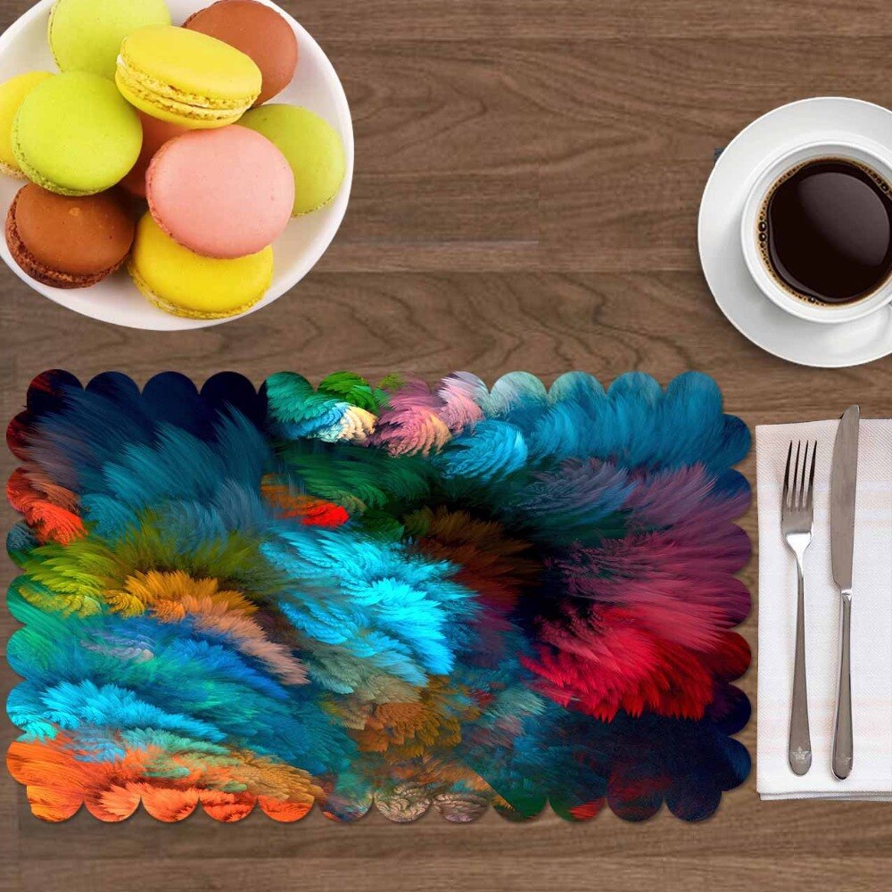 Anders Blauw Groen Rood Oranje Vogels Veren 4 Pcs 3d Print Wasbare Micro Stof Tafel Placemat Pad voor Eetkamer keuken