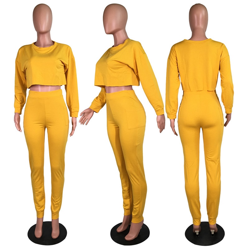 Echoine Autumn O-neck Two Pieces Set Long Sleeve Sweatshirt + Pant Suit With Pocket Tracksuit Women Solid 5 Color Plus Size 2XL