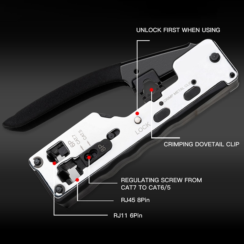 Combo-crimpadora de red Rj45, herramienta de prensado de telecomunicaciones para Rj45, Cat7, Cat6A, Cat6, Cat5, Rj11, Rj12, enchufes modulares, alicates de Clips de Metal