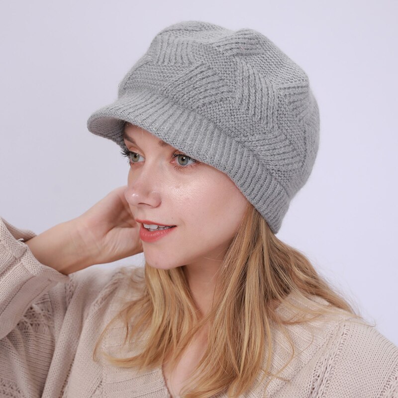 Women Winter Crochet Pure Color Hat Cap Velvet Faux Rabbit Fur Knitted Hat Brim Beret Cap Headwear For Women Girls: light grey