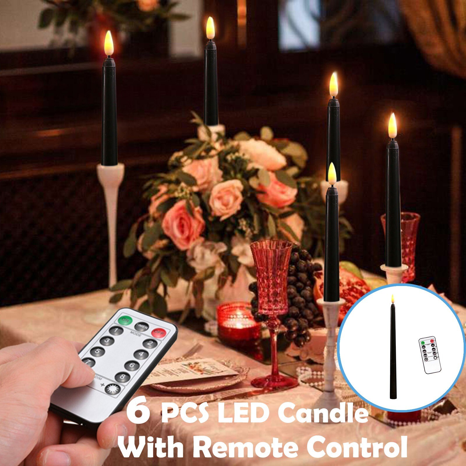 Pack Of 6 Yellow Flickering Remote Led Candles,plastic Flameless Remote Taper Candles,bougie Led For Dinner Decoration #T1G