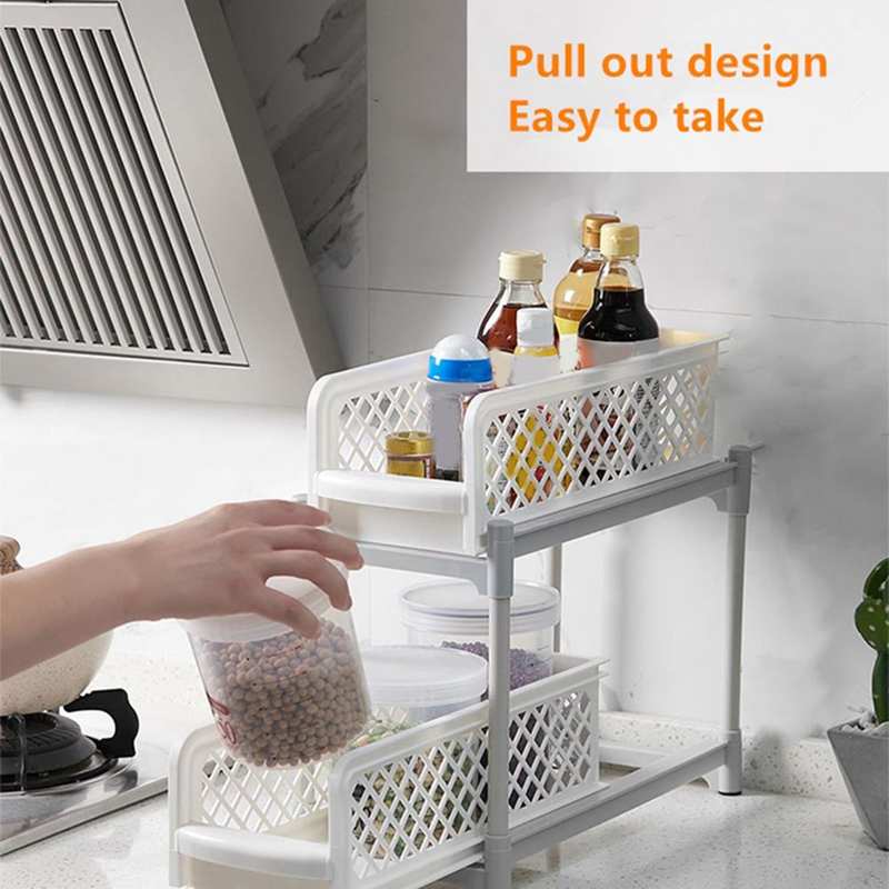 2-Layer Kitchen Sliding Basket Storage Cabinet Organizer with Pull Out Drawers White Kitchen Bathroom Storage Rack