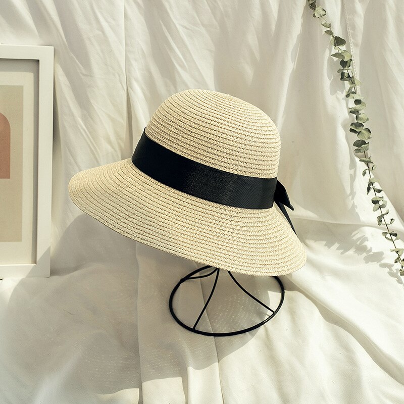 Zomer Mode Strik Strooien Hoed Voor Dames Met Zon Bescherming Inklapbare Strand Hoed: Beige