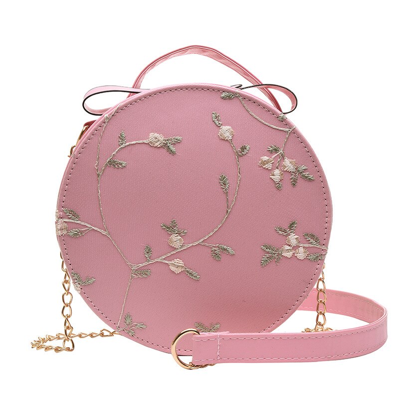Yogodlns broderie femmes sacs ronds dentelle sac à bandoulière en cuir synthétique polyuréthane femme sac à bandoulière à fleurs sacs décontractés: Pink