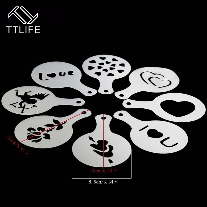 TTLIFE 8pc Valentine Style Coffee Art Stencils Cafe Latte Foam Spray Cappuccino Barista Carving Tools Cake Duster Templates