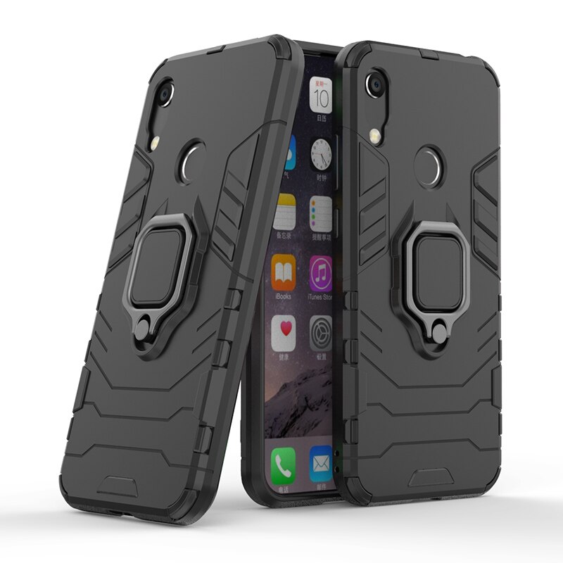 Honor 8A Case Voor Huawei honor 8A case Armor Ring Magnetische Auto Hold Shockproof Soft Bumper Telefoon Cover Voor Huawei honor 8A Case: Black