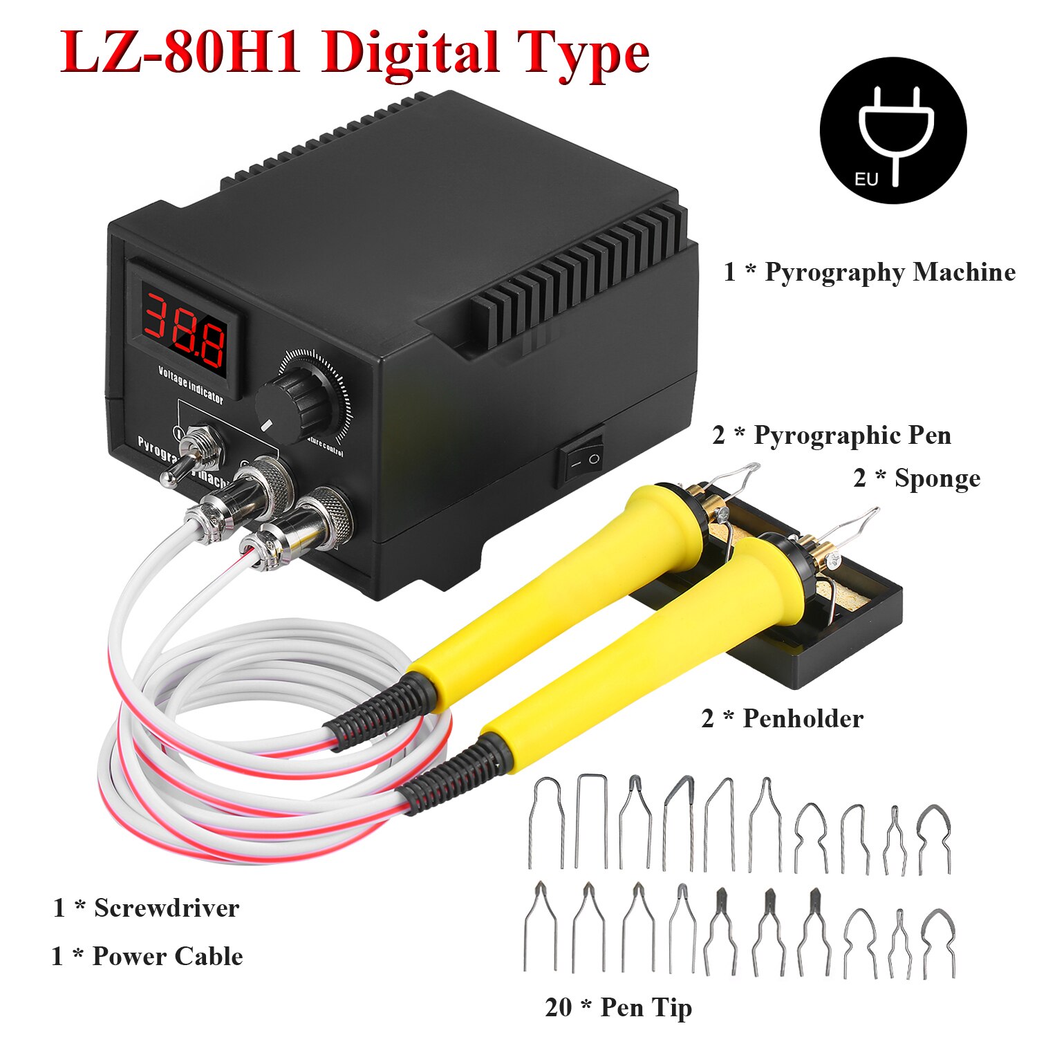 110V-240V Woodburner Houtgestookte Tool Kit Woodburning Pyrography Pirograbador Pen Machine Set Elektrische Soldeerbout: LZ-80H1 EU plug